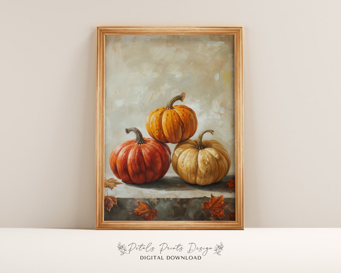 Autumn Pumpkin Trio Still Life Vintage Fall Harvest Art Print