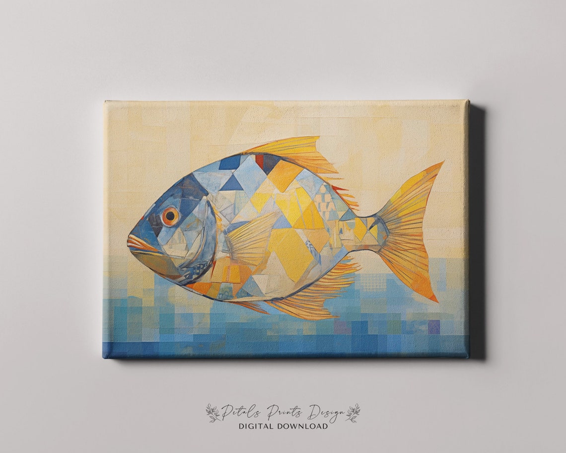 Geometric Mosaic Fish in Blue Gold Triangles Abstract Art Poster - Image 4