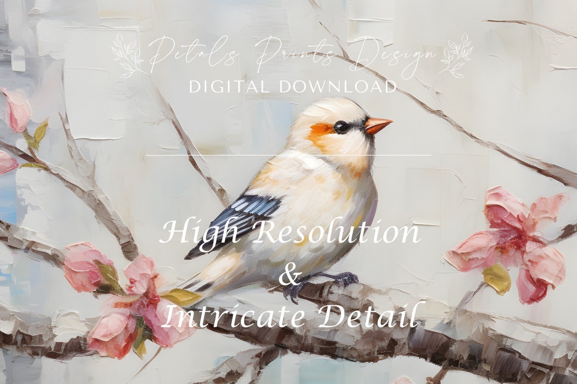 White Bird on Pink Cherry Blossom Branch Soft Blue Art Poster - Image 3
