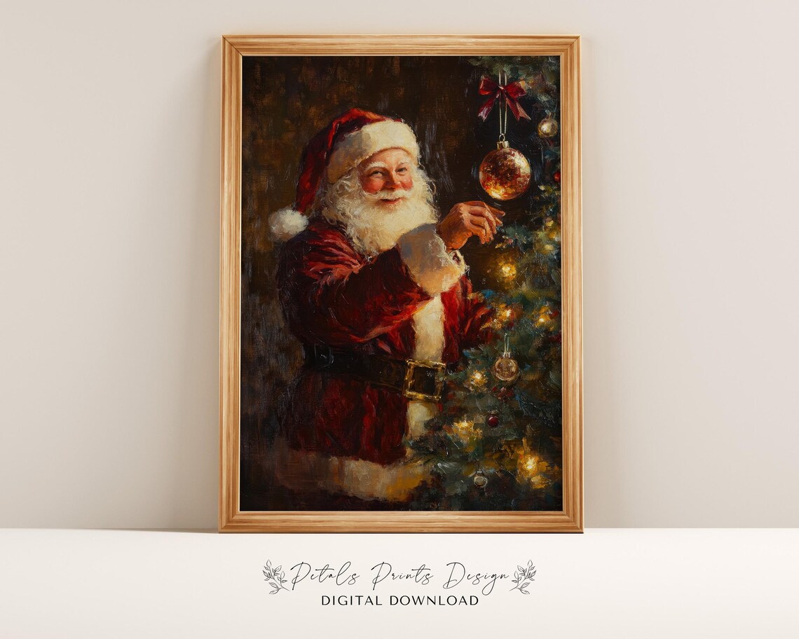 Santa Painting Rustic Christmas Art Print, Vintage Xmas