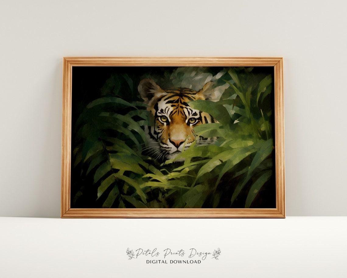 Tiger Face Peeking Through Dark Jungle Leaves Wildlife Art Poster