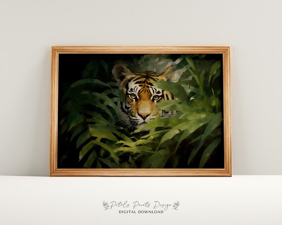 Tiger Face Peeking Through Dark Jungle Leaves Wildlife Art Poster