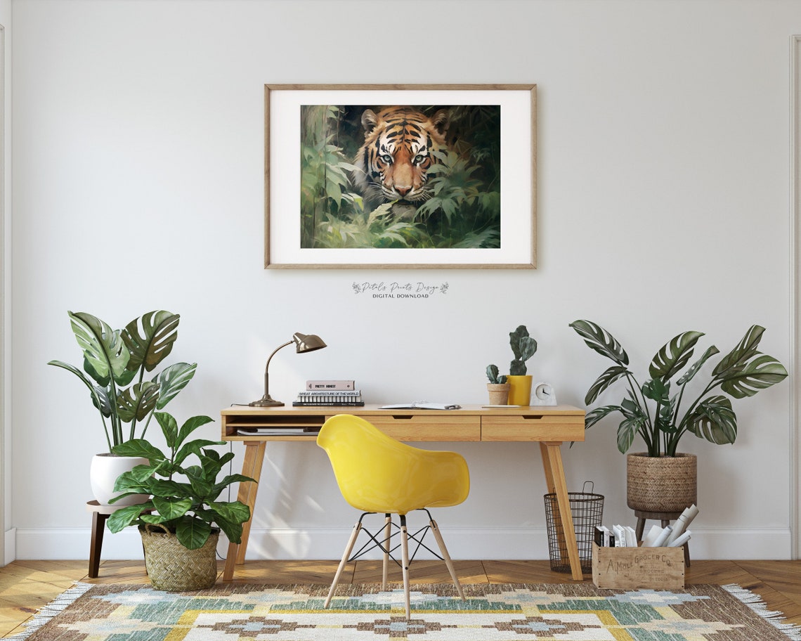 Majestic Tiger Face Jungle Leaves Painterly Wildlife Portrait Poster - Image 2