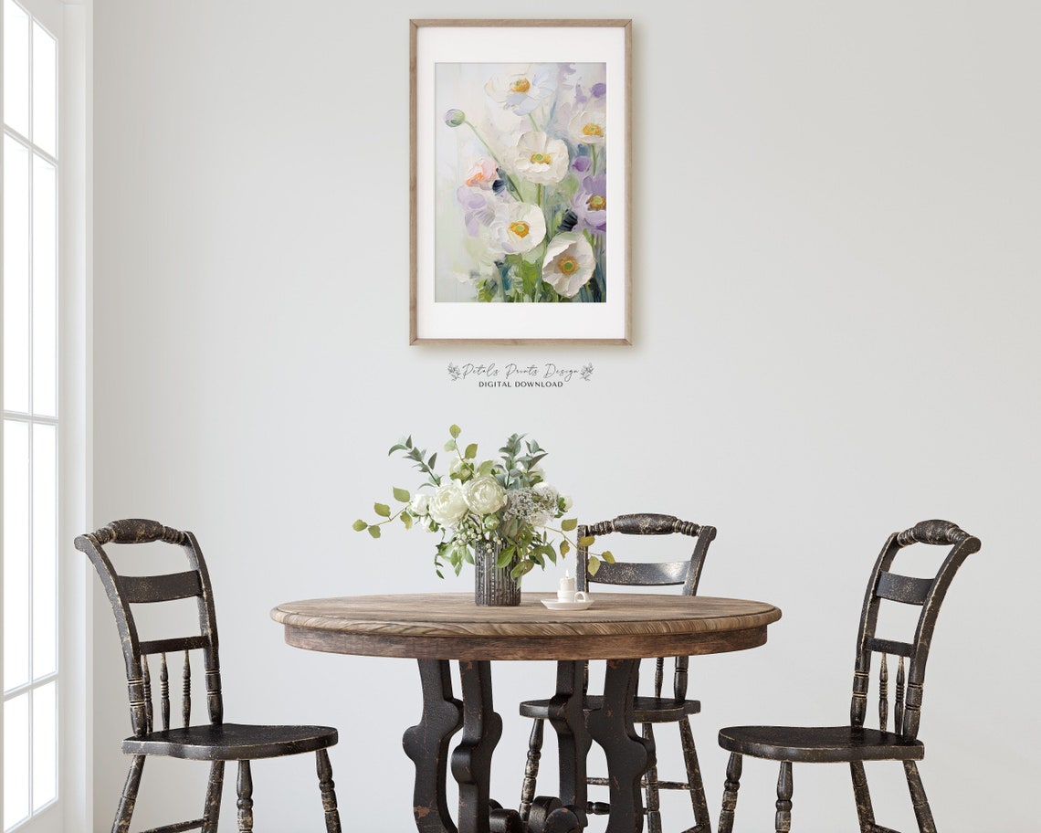 White Anemones with Lavender Blooms Vertical Floral Painting Poster - Image 3