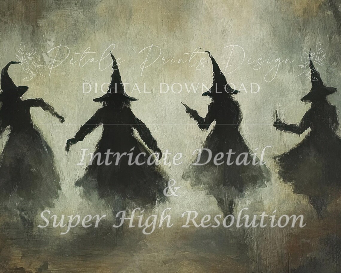 Four Witches Dancing in Mist Dark Moody Vintage Halloween Art Poster - Image 2