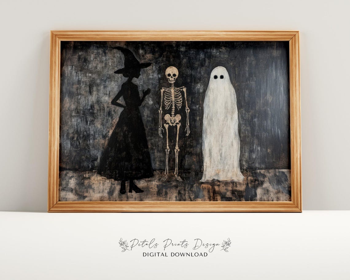 Spooky Halloween Trio Witch Skeleton Ghost Dark Painting Poster
