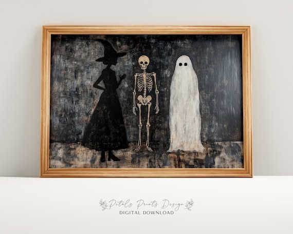 Spooky Halloween Trio Witch Skeleton Ghost Dark Painting Poster