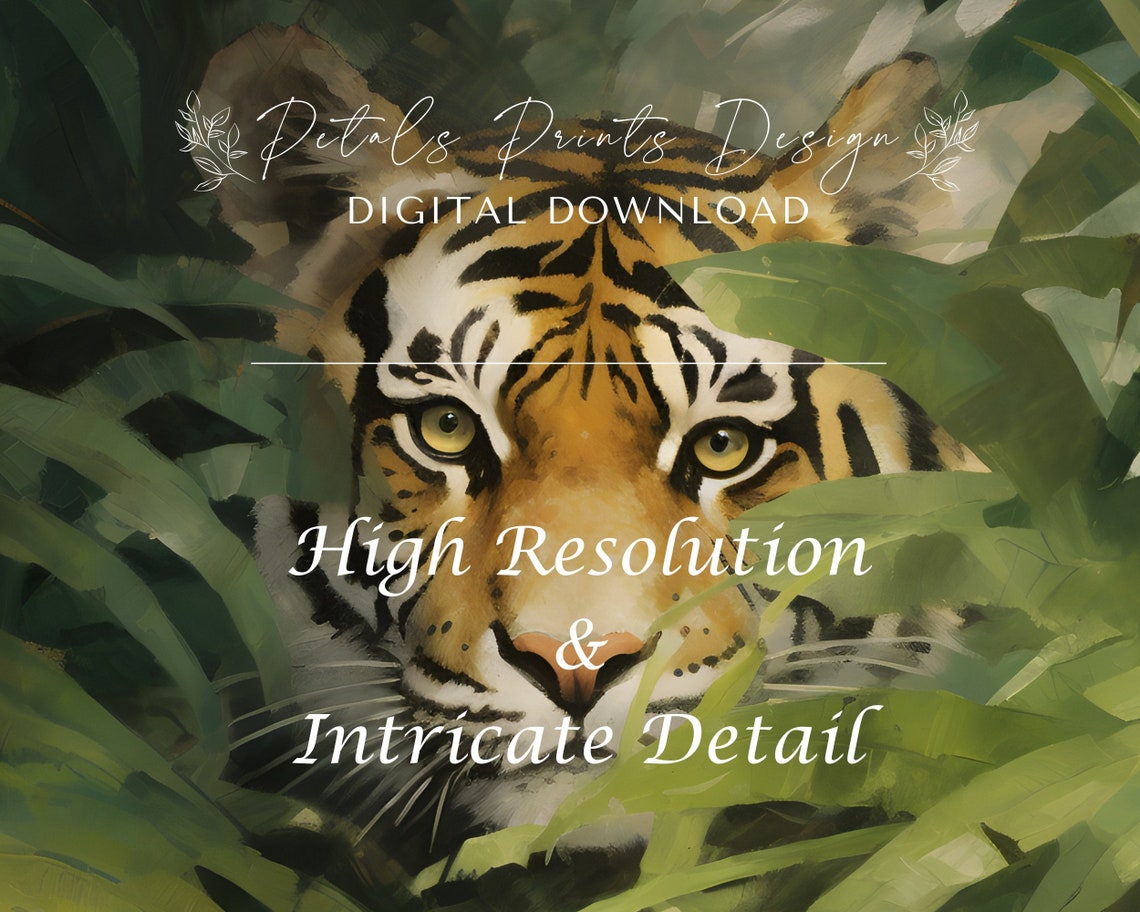 Tiger Face Peeking Through Dark Jungle Leaves Wildlife Art Poster - Image 3