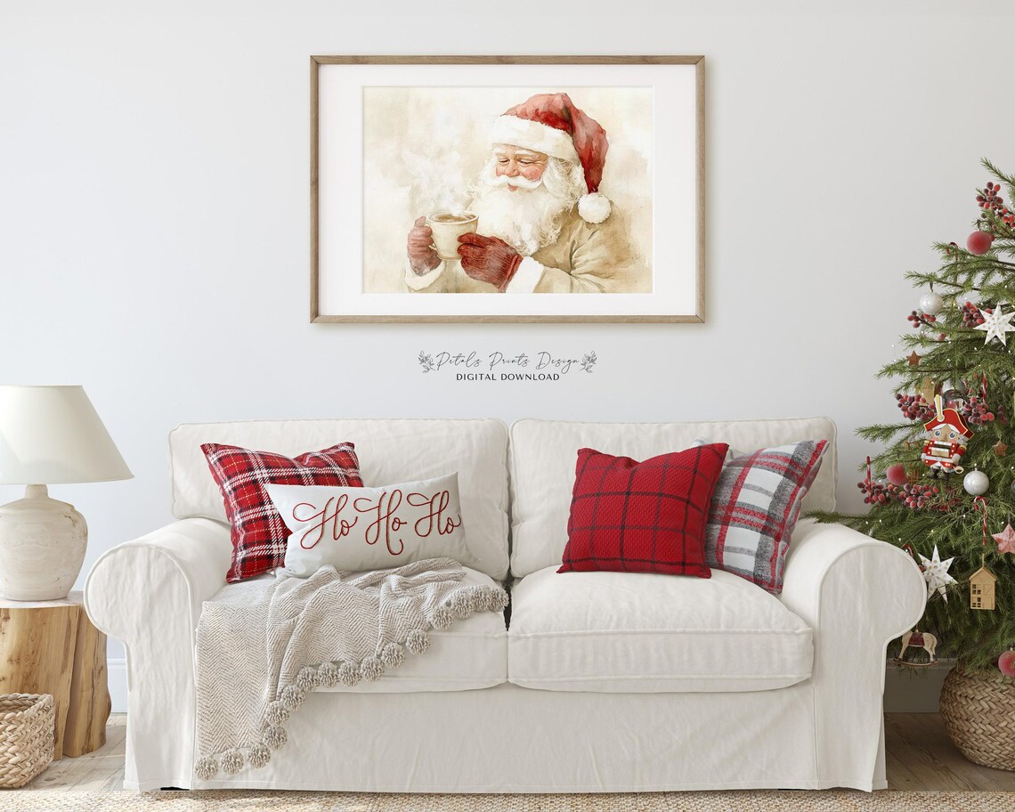 Santa Claus Savoring Hot Cocoa in Soft Neutral Watercolor Art Poster - Image 2