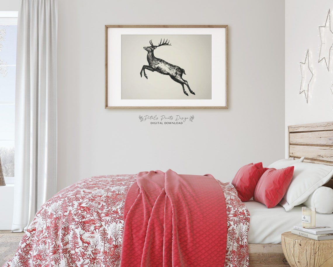 Leaping Stag Deer Ink Sketch Minimalist Wildlife Drawing Poster - Image 3