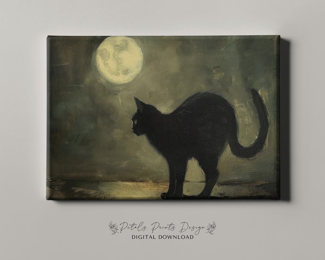 Black Cat Silhouette Under Full Moon Spooky Night Painting Poster - Image 4