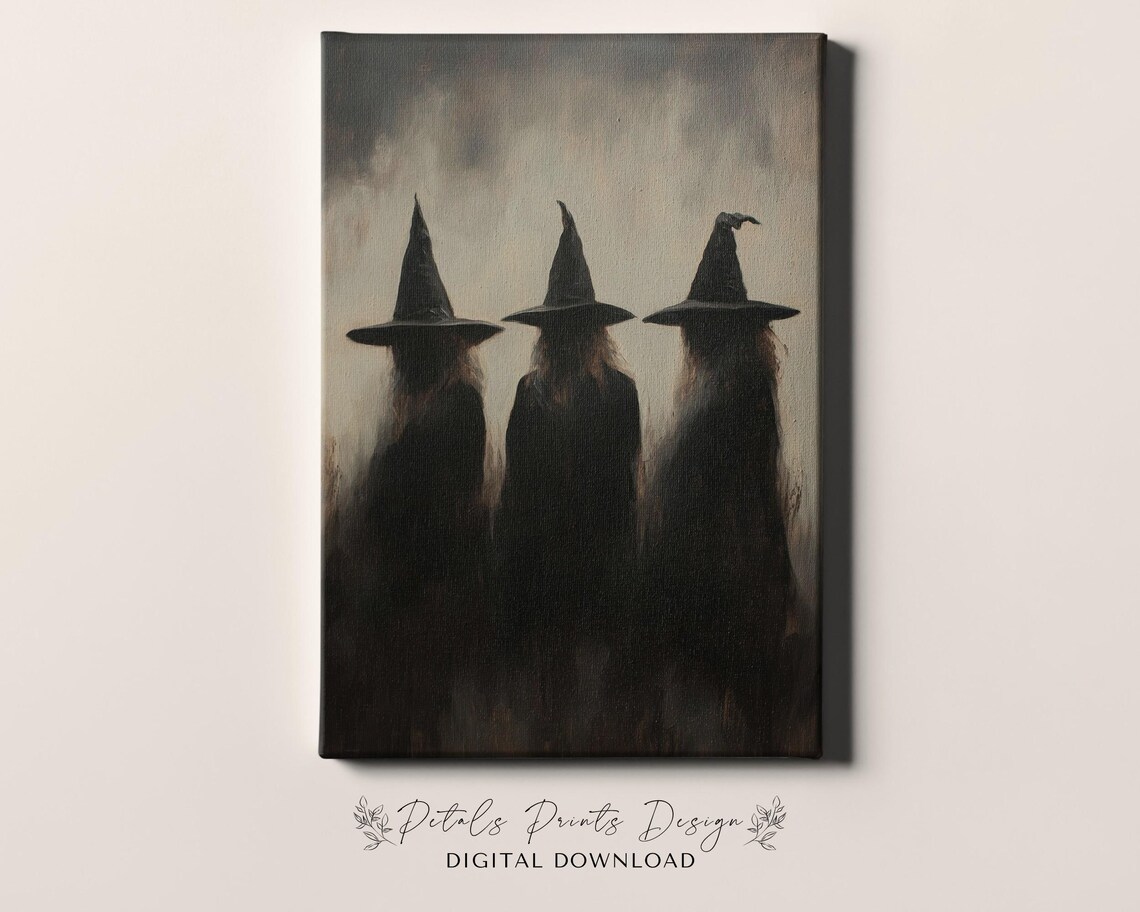 Three Witch Silhouettes in Mist Dark Moody Vintage Halloween Art Poster - Image 4