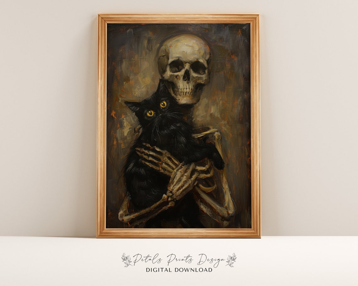 Skeleton Hugging Black Cat Spooky Cute Halloween Oil Painting Poster