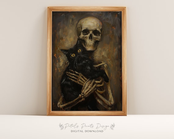 Skeleton Hugging Black Cat Spooky Cute Halloween Oil Painting Poster