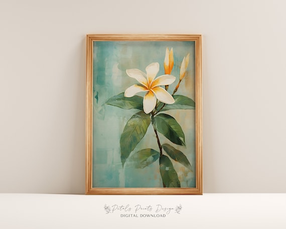 White Plumeria Blossom with Buds Teal Watercolor Botanical Poster