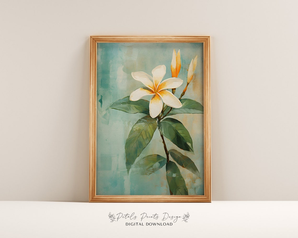 White Plumeria Blossom with Buds Teal Watercolor Botanical Poster