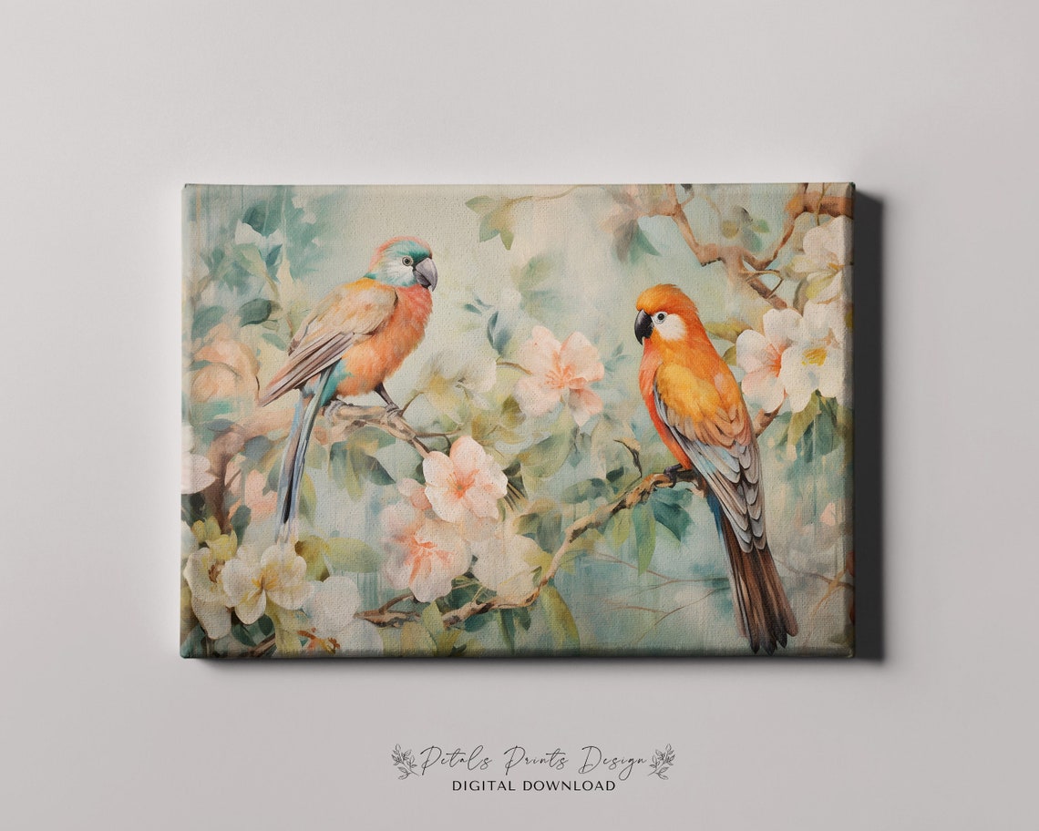 Two Colorful Parrots Pastel Blossoms Soft Floral Bird Painting Poster - Image 4