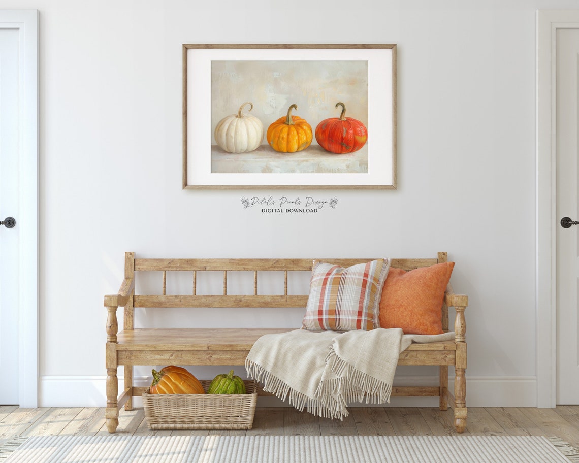 White Orange Pumpkin Row Soft Vintage Fall Still Life Art Print - Image 3