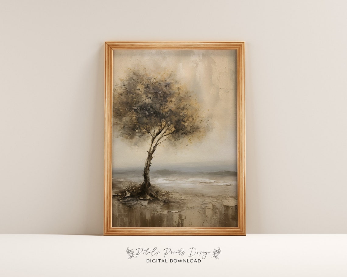 Lone Tree Windswept Shore Neutral Beige Vintage Landscape Wall Art
