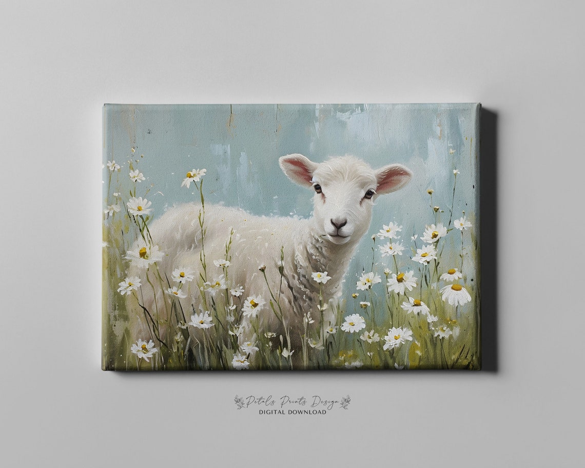 White Lamb Standing in Daisy Field Spring Floral Farm Animal Poster - Image 4