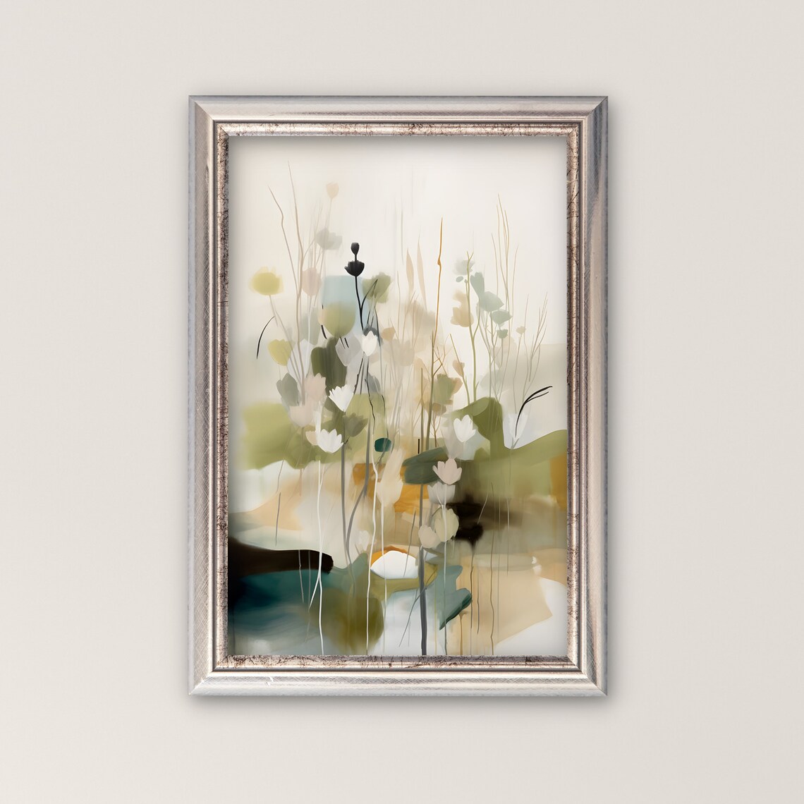 Muted Green Abstract Wildflower Meadow Oil Art Poster for Serene Homes
