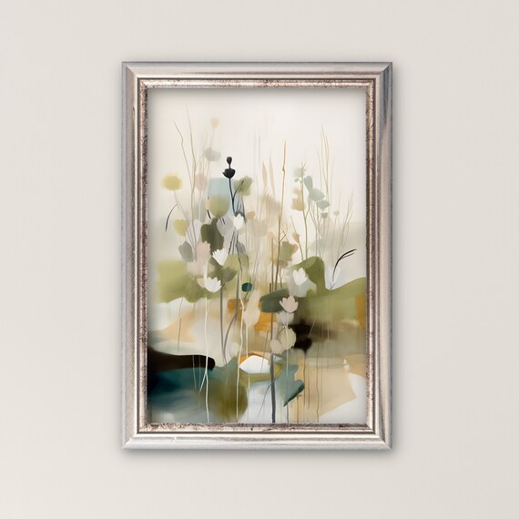 Muted Green Abstract Wildflower Meadow Oil Art Poster for Serene Homes
