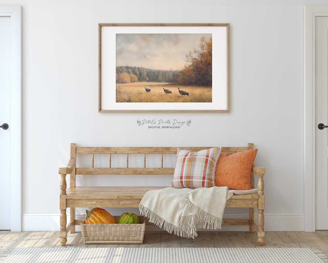 Wild Turkeys In Golden Autumn Field Countryside Painting Poster - Image 3