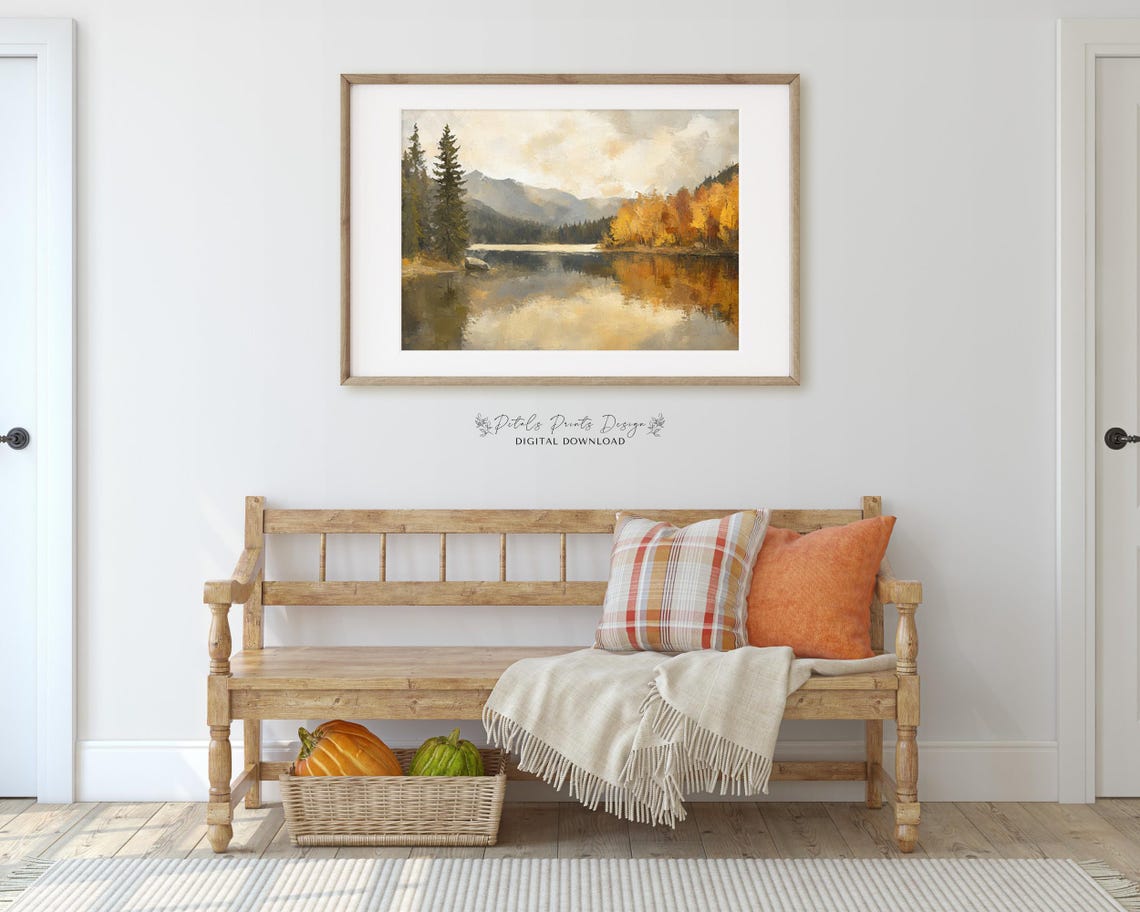 Autumn Mountain Lake Reflection Golden Fall Landscape Painting Poster - Image 3
