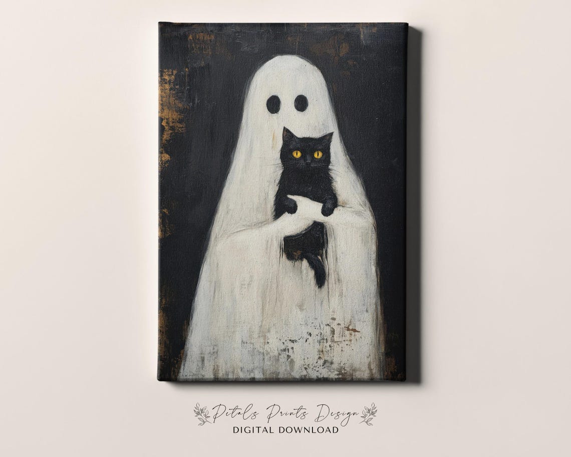 Cute Ghost Holding Black Cat Halloween Gothic Dark Oil Painting Poster - Image 4