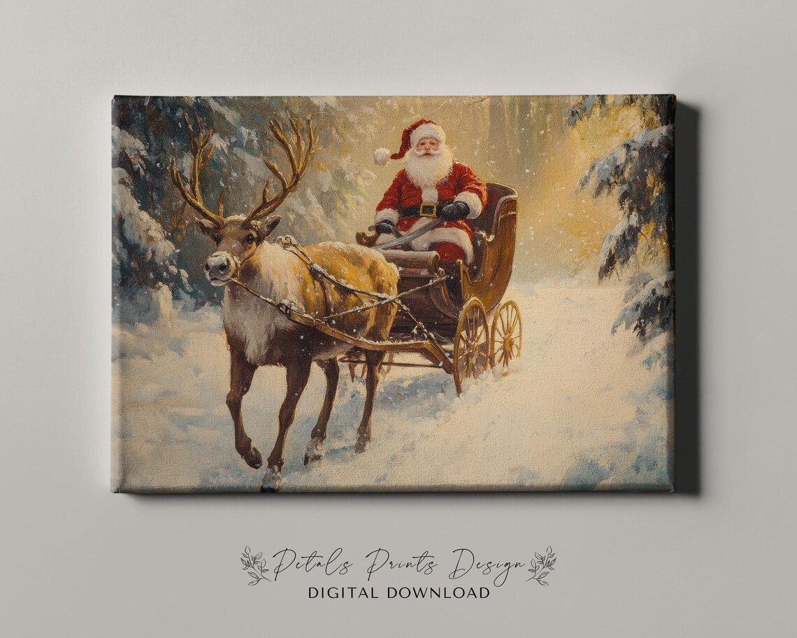 Santa Claus In Sleigh With Reindeer Snowy Christmas Painting Poster - Image 4