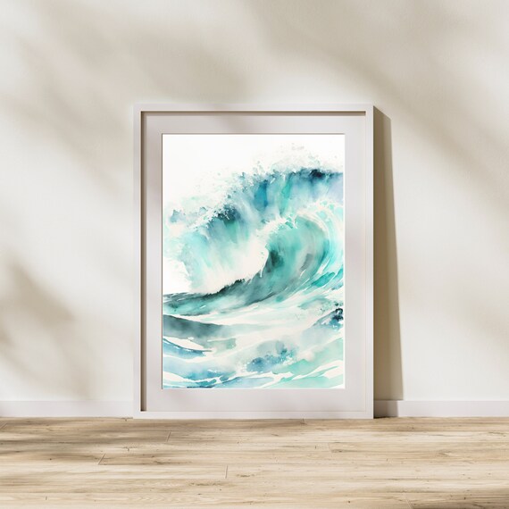 Turquoise Ocean Wave Watercolor Coastal Art Poster for Beach House Walls