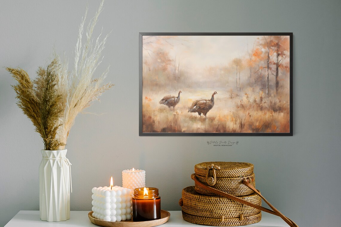 Two Wild Turkeys Misty Autumn Field Vintage Fall Wildlife Poster - Image 2