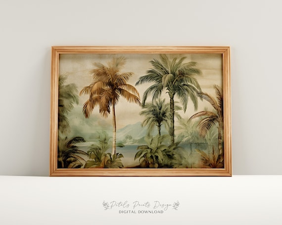 Tropical Palm Trees Vintage Watercolor Lush Jungle Landscape Poster
