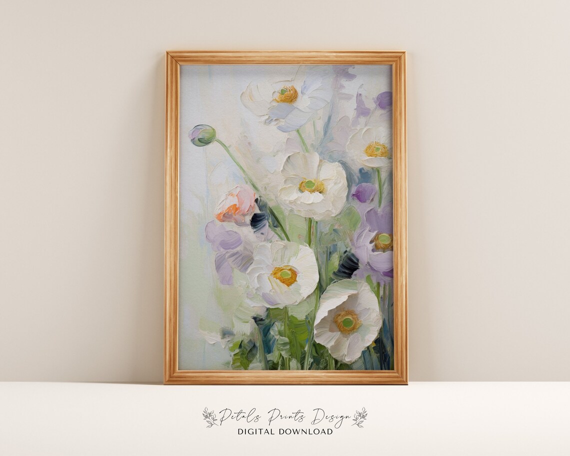 White Anemones with Lavender Blooms Vertical Floral Painting Poster