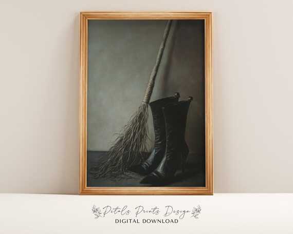 Witch Boots and Broomstick Still Life Vintage Halloween Painting Poster