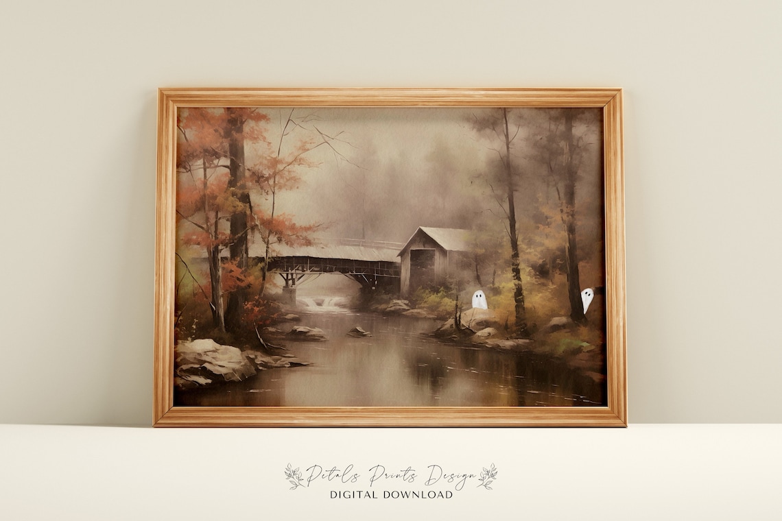 Vintage Halloween Ghosts, Spooky Autumn Landscape Art Print