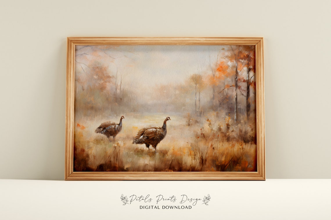 Two Wild Turkeys Misty Autumn Field Vintage Fall Wildlife Poster