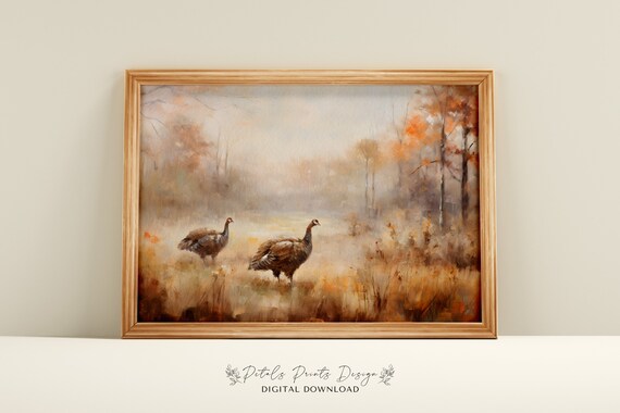 Two Wild Turkeys Misty Autumn Field Vintage Fall Wildlife Poster