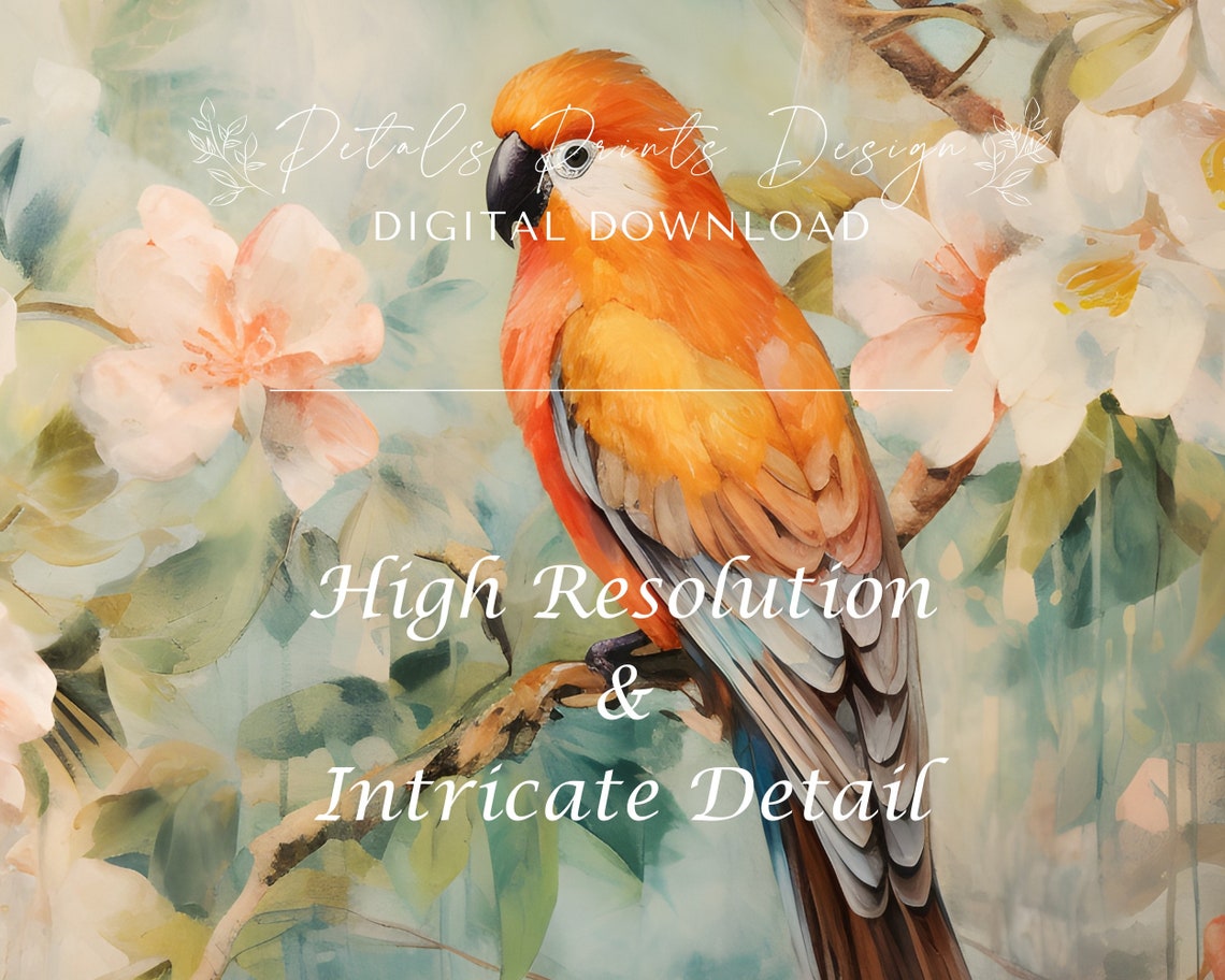 Two Colorful Parrots Pastel Blossoms Soft Floral Bird Painting Poster - Image 3