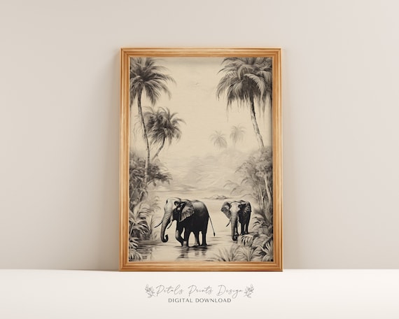 Elephants Walking in Water Monochrome Jungle Palms Wildlife Poster