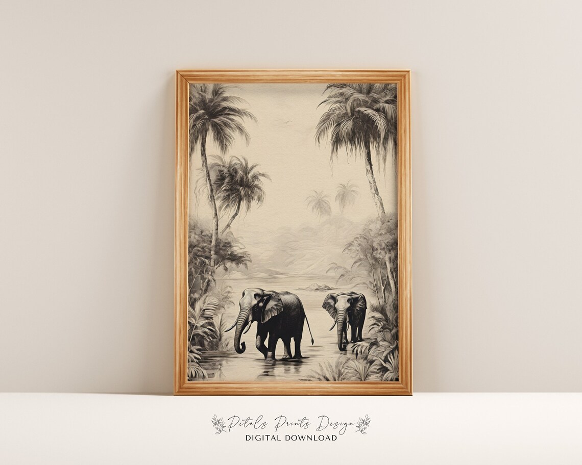 Elephants Walking in Water Monochrome Jungle Palms Wildlife Poster