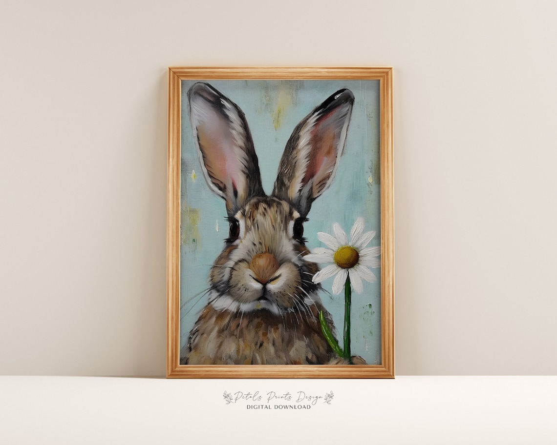 Vintage Rabbit Spring Art Print, Rustic Easter
