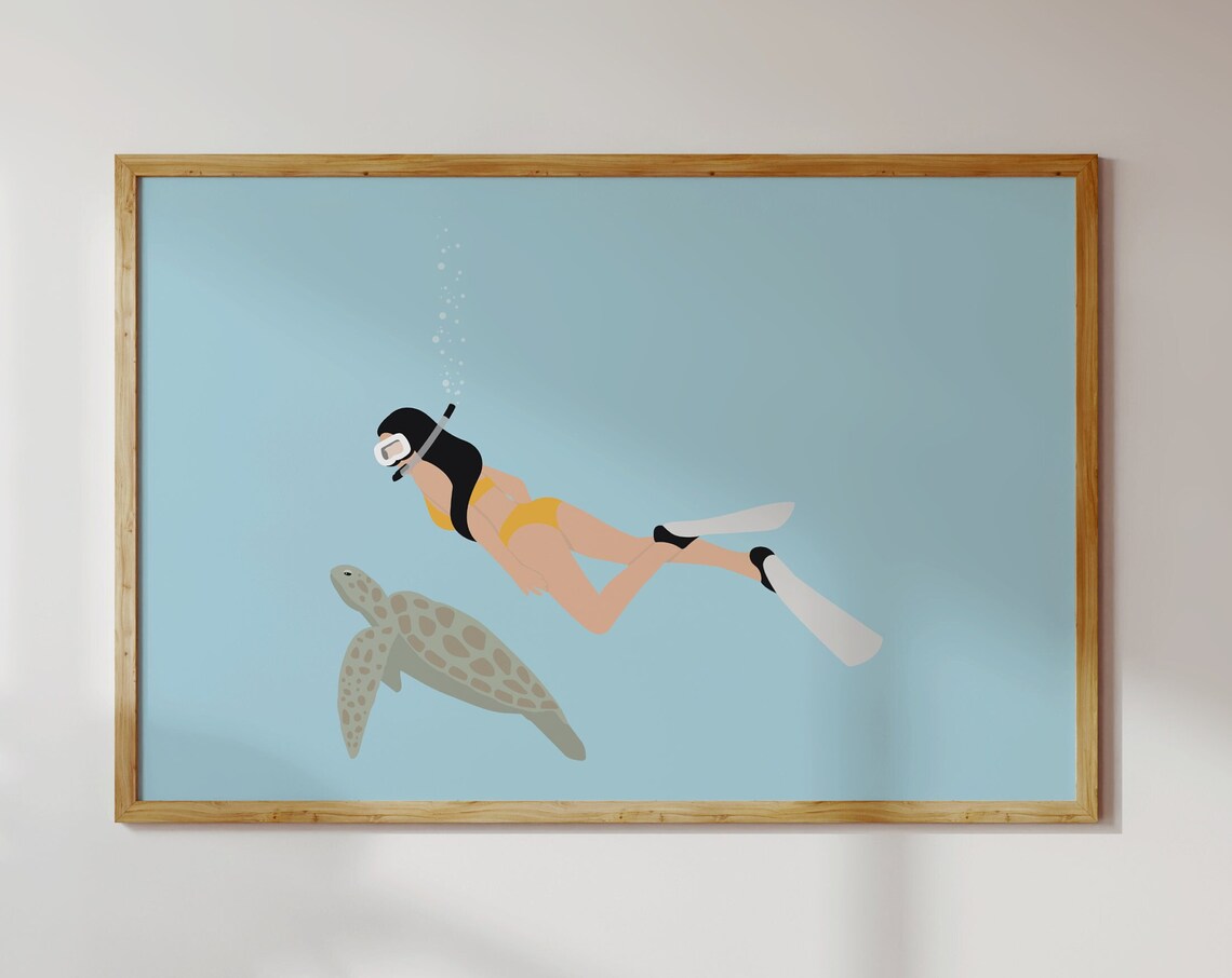 Woman Snorkeling With Sea Turtle Minimalist Ocean Swim Art Poster