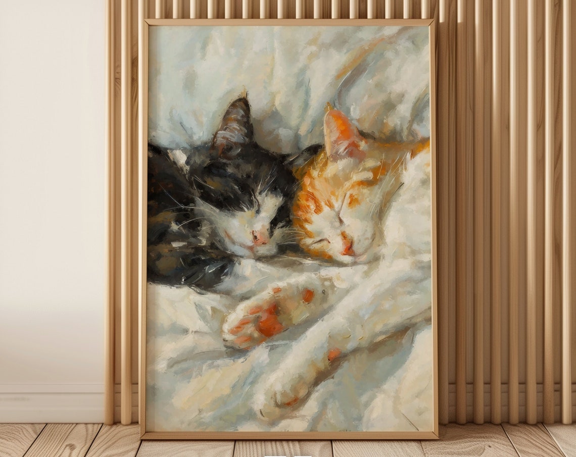 Two Sleeping Cats Cuddling Soft Cozy Watercolor Painting Cat Poster