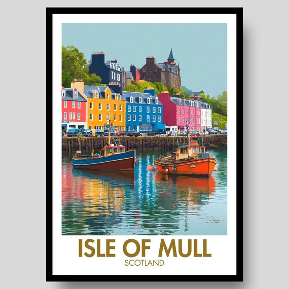 Isle Of Mull Scotland Colorful Harbor Boats Vintage Travel Poster