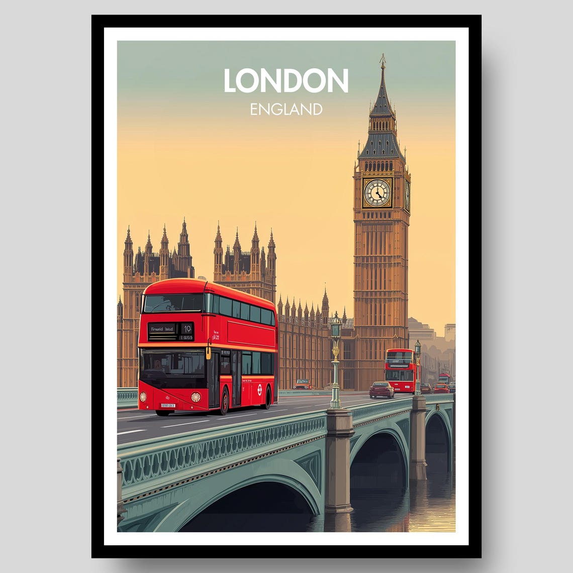 London England Big Ben Westminster Bridge Red Buses Travel Poster