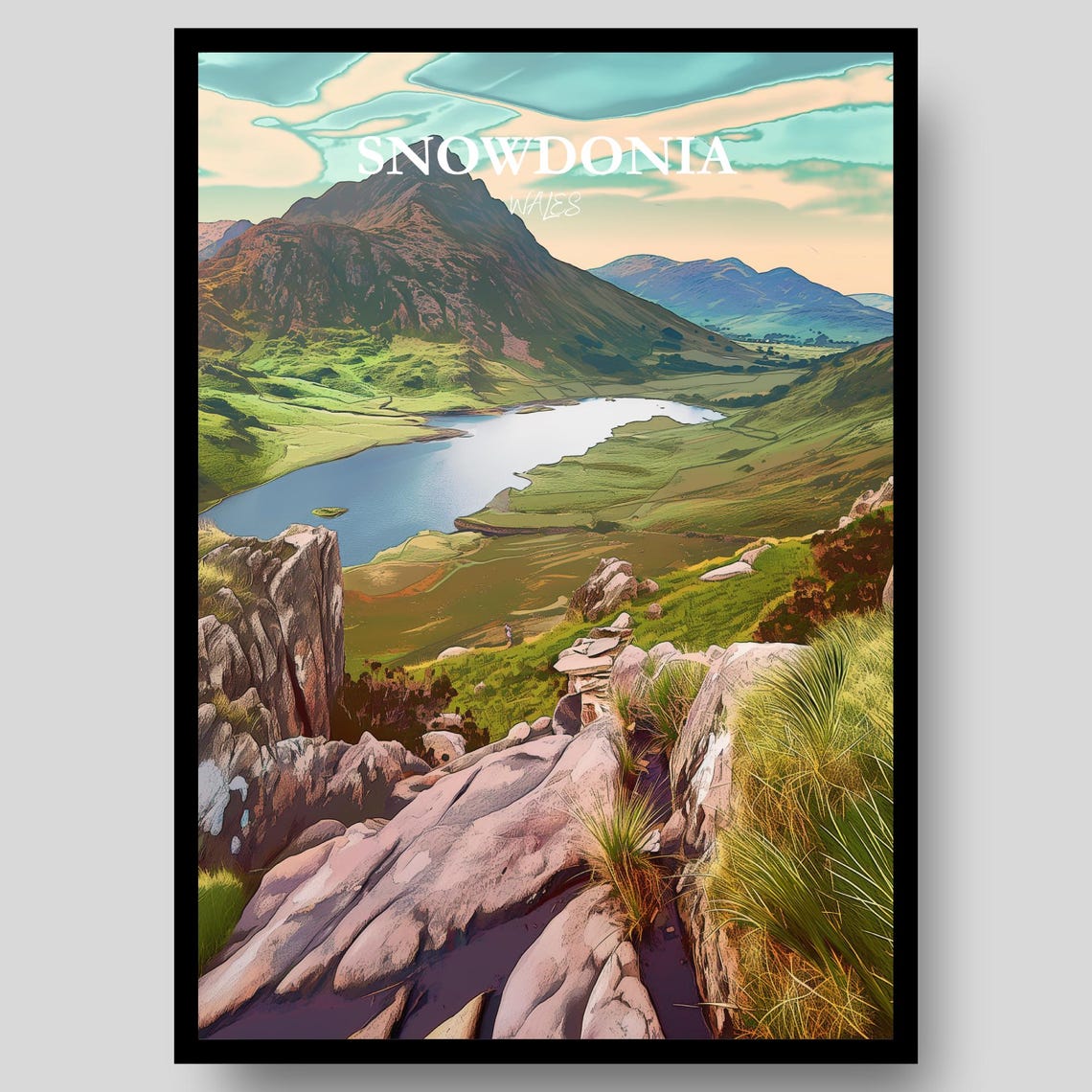 Snowdonia Wales Mountain Lake Green Valley Panoramic Travel Poster
