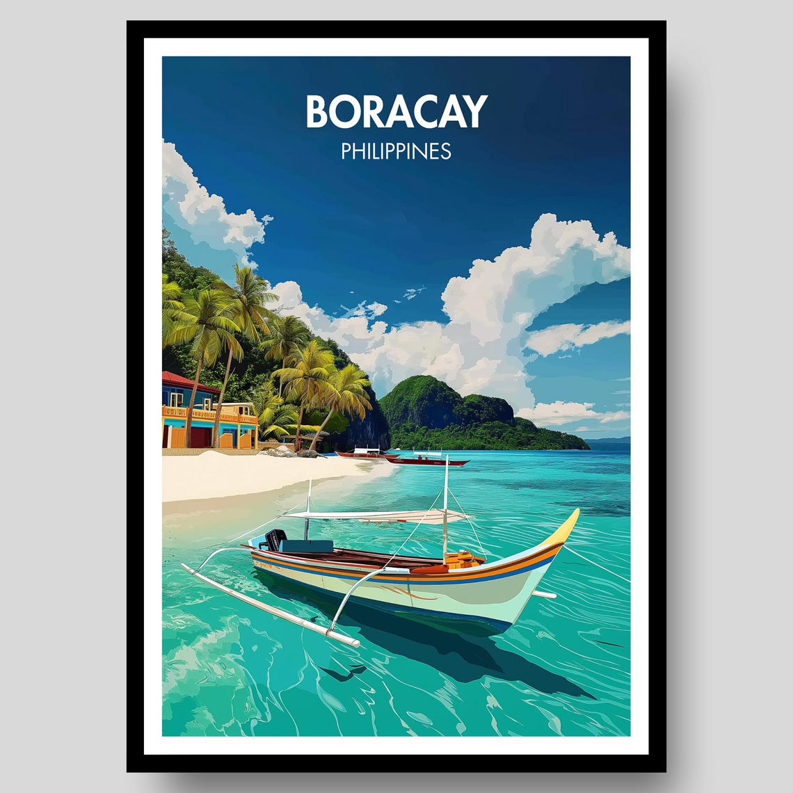 Boracay Philippines Beach Banca Boat Palm Trees Tropical Poster Art