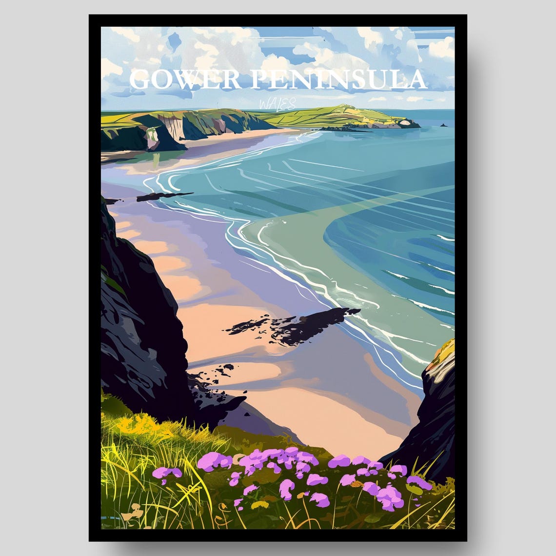 Gower Peninsula Wales Cliffs Sandy Beach Turquoise Sea Poster