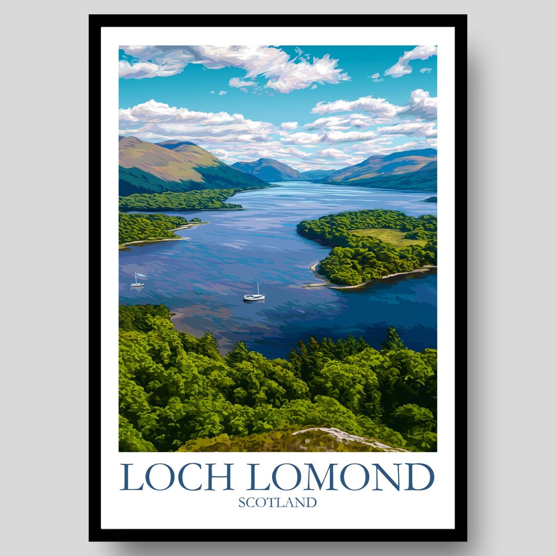 Loch Lomond Scotland Sailboats Mountain Lake Scenic Travel Poster